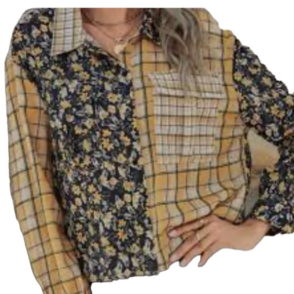 Zara Yellow Black Floral Plaid Cropped Long Sleeve Button Up Shirt Sz XS Women’s - Picture 6 of 9